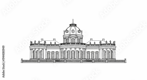 An elaborate Baroque building with a central dome and flanking wings, showcasing classical design