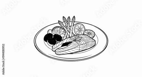 A plate of salmon, olives, broccoli, asparagus, and lemon slices