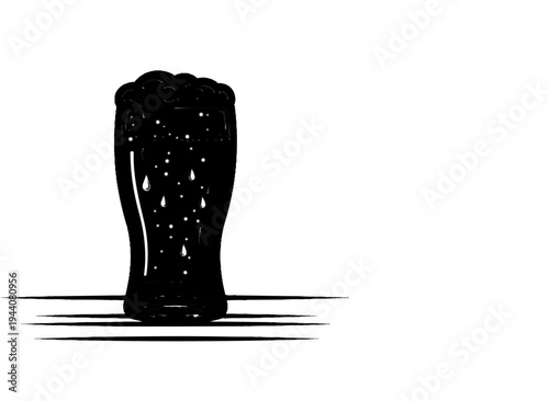 A stylized glass of dark beer with foam, set against a white background