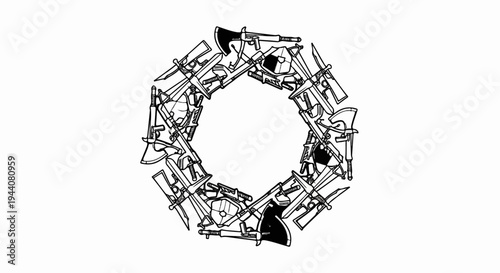 An octagonal arrangement of various weapons, including swords, shields, and axes, forming a circular pattern
