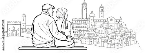 Elderly couple on bench overlooking Italian town with ancient architecture
