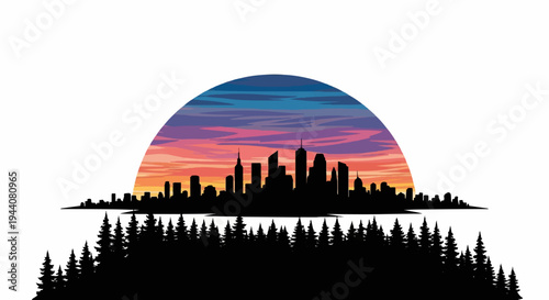 A pixelated sunset silhouette of a city skyline rises above a dense forest