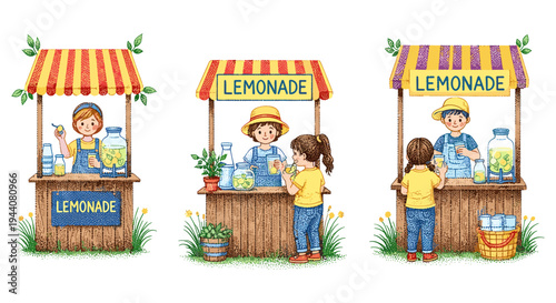 Children selling lemonade at colorful outdoor stands on a sunny day