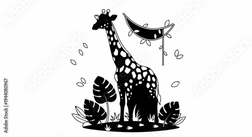 A stylized graphic of a giraffe with a spotted pattern stands amidst tropical foliage