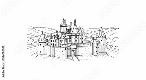 An old stone castle with multiple towers and battlements stands majestically
