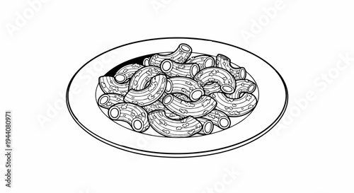 A plate filled with elbow macaroni, rendered in a black and white line drawing style