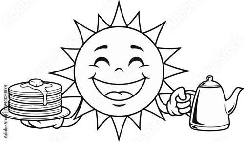 Cheerful cartoon sun holding a stack of buttered pancakes and a steaming teapot