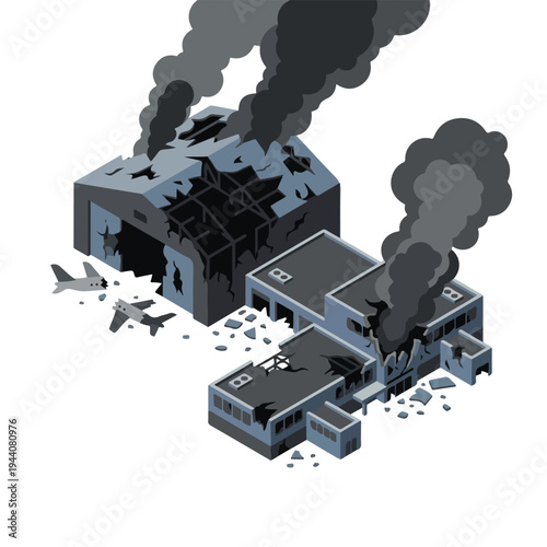 isometric vector flat of an airport damaged by fire from a missile attack 4