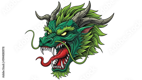 Mythical dragon head with vibrant colors and intricate traditional design elements Vector