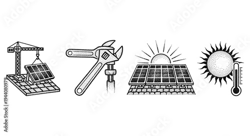 Solar energy installation, maintenance, and environmental factors illustrated with icons