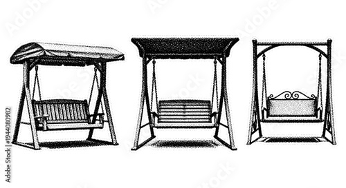 Three different styles of outdoor patio porch swings with canopies and seats