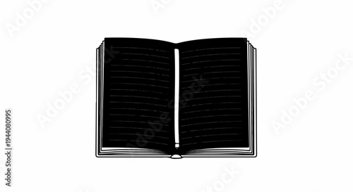 An open book with black pages and white horizontal lines, suggesting text