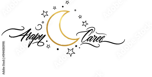 Elegant golden crescent moon surrounded by stars and calligraphy text