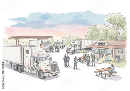 Truck stop scene with drivers at a diner and gas station under a colorful sky