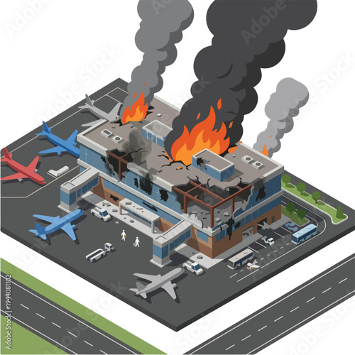 isometric vector flat of an airport damaged by fire from a missile attack 008