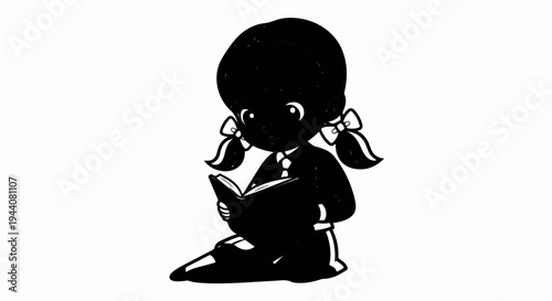 A stylized illustration of a young girl with pigtails reading a book