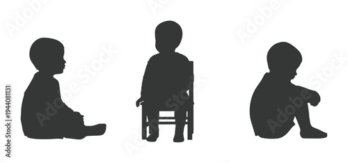 Cute Toddler Child Silhouette Set with Floor Sitting Chair and Hugging Knees Resting Poses