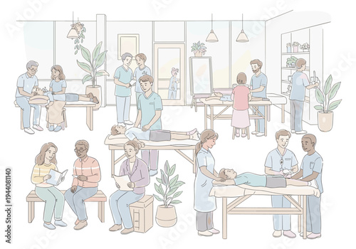 Diverse group of people receiving and giving physical therapy in a bright, modern clinic setting