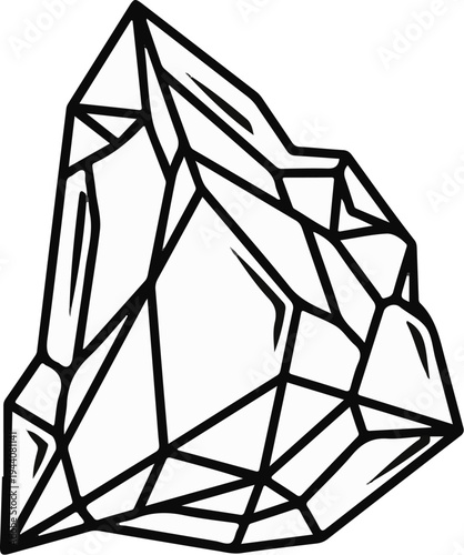 Angular, faceted geometric crystal, rendered in bold black outlines on a white background