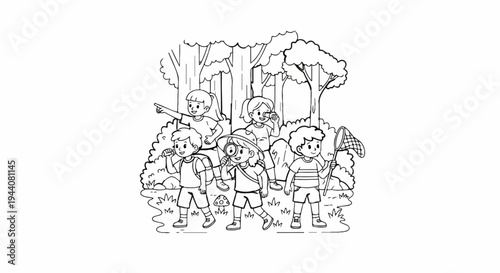 Cheerful children explore a forest with nets, magnifying glass, and binoculars