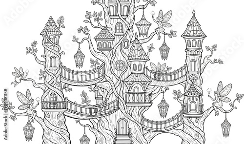 Enchanted treehouse village with fairy inhabitants and hanging lanterns