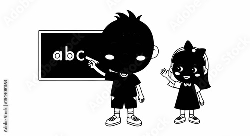Animated children learning the alphabet on a blackboard