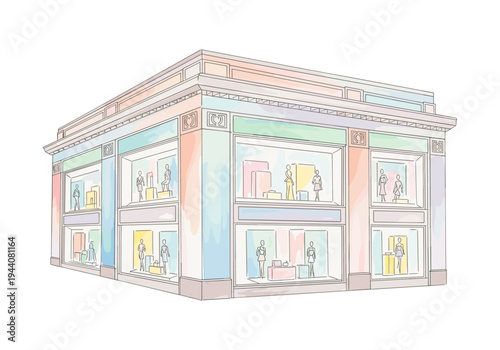 Stylized illustration of a multi-story retail store with mannequins in display windows