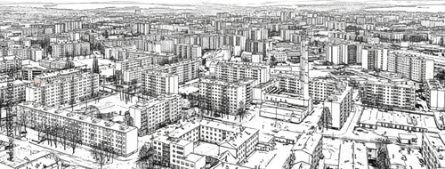 An urban sketch depicts a dense residential area with apartment blocks and trees