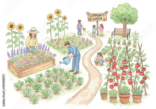 Diverse group of people tending to a vibrant community garden with various vegetables and flowers