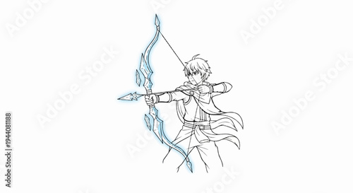 Anime archer with glowing bow aims arrow, mid-action pose, fantasy character