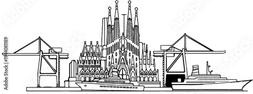 Architectural landmark with ships and cranes at port