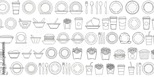 A repetitive pattern of various food and dining items in a sketched outline style