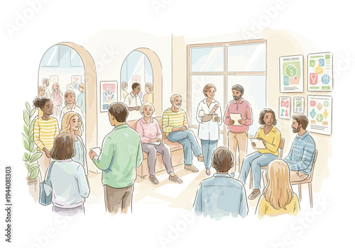 Diverse group of people attending a presentation or workshop in a bright, modern room