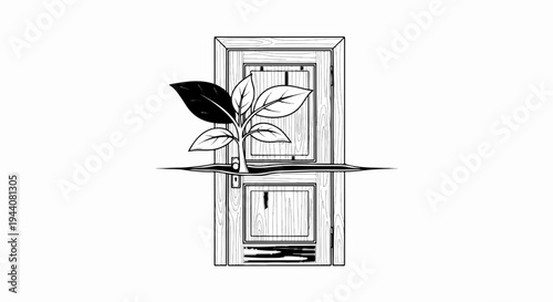 A sapling emerges from a split wooden door, symbolizing new growth and possibilities