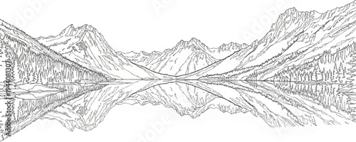 Majestic mountain peaks perfectly mirrored in a serene, glassy lake at dawn