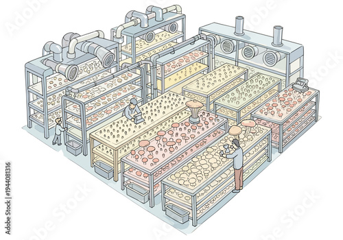 Modern mushroom farm with workers tending to crops on tiered shelves and advanced ventilation systems