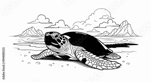 A sea turtle emerges onto a sandy shore with mountains in the background