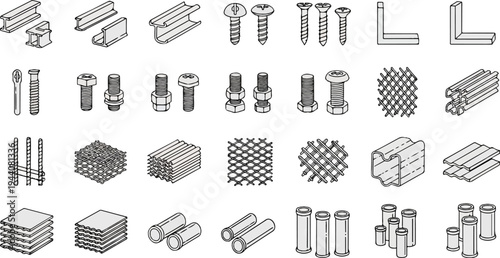 Assorted construction components and hardware including metal beams, fasteners, and mesh