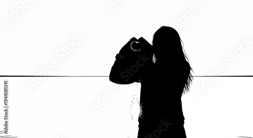 Silhouette of a person with long hair looking through binoculars against a bright background