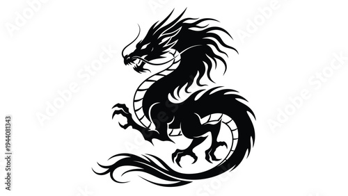 Mythical dragon in intricate black and white line art design Vector