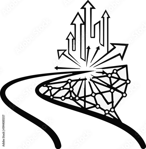 A stylized road branches into a network with multiple arrows pointing upward