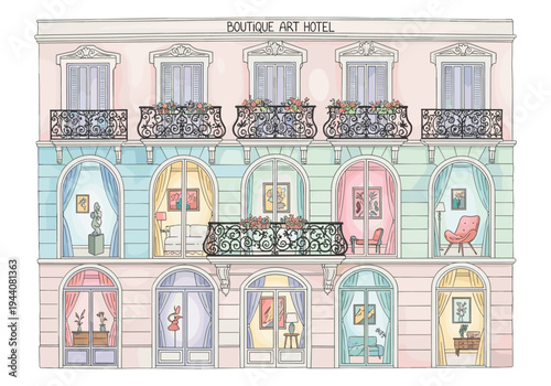 Charming boutique art hotel facade with colorful rooms and balconies