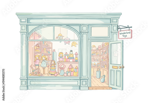 Charming vintage toy store facade with open door and window display