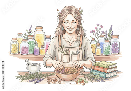 Woman making herbal remedies with essential oils and botanicals in a cozy apothecary setting