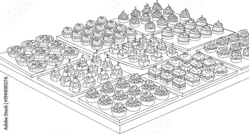 Assorted mini tarts, cupcakes, and savory bites arranged on tiered trays