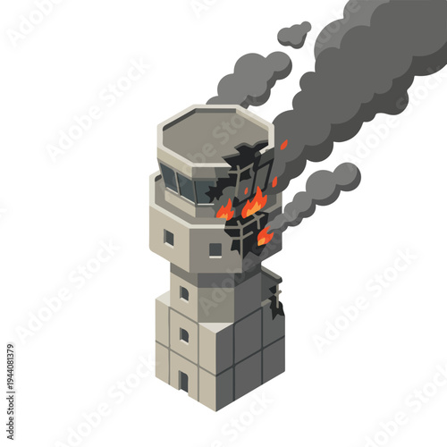 isometric vector flat of an airport damaged by fire from a missile attack 03