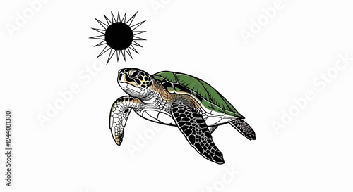 A sea turtle glides through clear blue water under a stylized black sun