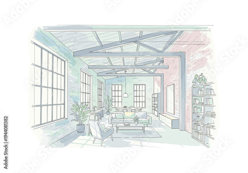 Spacious loft apartment interior with large windows, exposed beams, and modern furniture