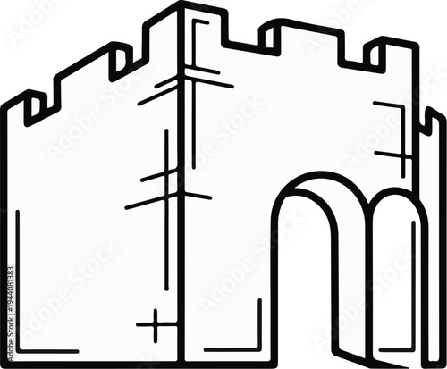 A stylized, monochrome outline of a medieval castle turret with battlements and an archway