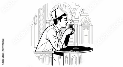 Man in fez drinks steaming tea at ornate table